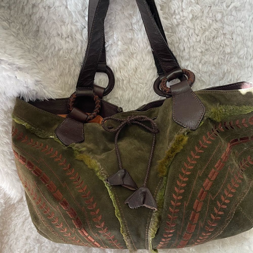 Maxx New York Hobo satchel leather suede olive green brown strap & embro… - Picture 7 of 15